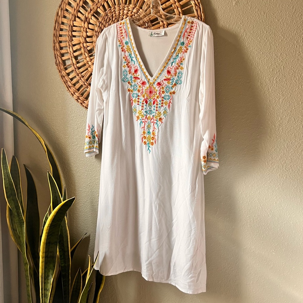 Embroidered V-Neck Midi Dress - White with Multi Color Embroidery